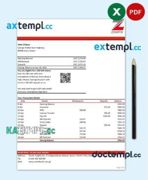 sample Ghana Zenith bank statement Excel and PDF template download