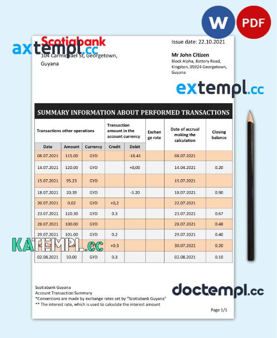 sample Guyana Bank of Nova Scotia bank statement template in Word and PDF format download