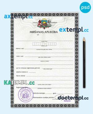sample Latvia death certificate template in PSD format, fully editable download