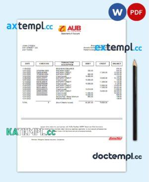 sample Philippines Asia United Bank (AUB) account statement Word and PDF template download