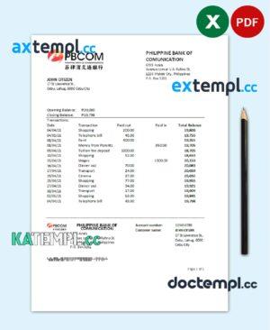 sample Philippines Bank of Communications bank statement easy to fill template in .xls and .pdf file format download