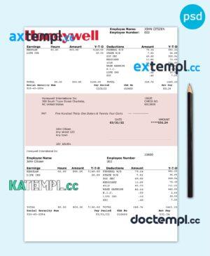 sample USA Honeywell conglomerate company pay stub PSD template download