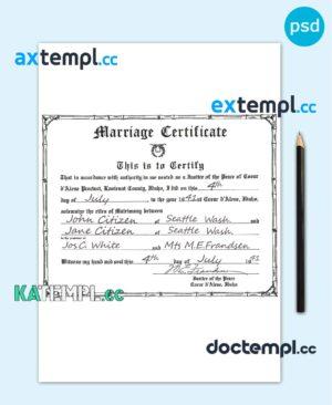 sample USA Idaho marriage certificate template in PSD format, fully editable download