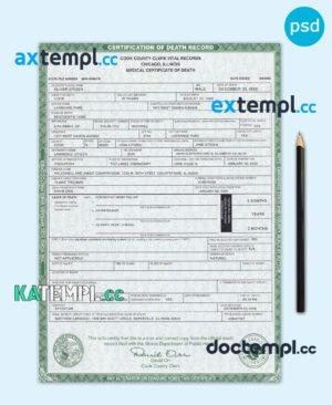 sample USA Illinois state death certificate template in PSD format, fully editable download