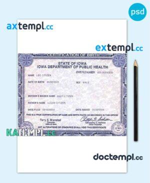 sample USA Iowa state birth certificate template in PSD format, fully editable download