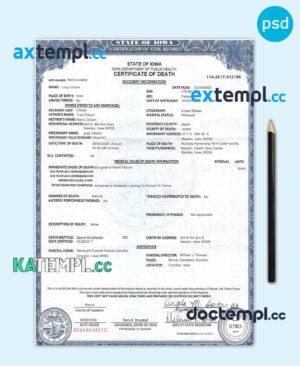 sample USA Iowa state death certificate template in PSD format, fully editable download