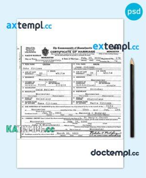 sample USA Massachusetts marriage certificate template in PSD format download