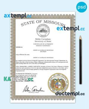 sample USA Missouri marriage certificate template in PSD format download