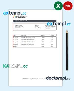 sample USA Payoneer account statement Excel and PDF template download