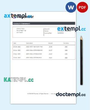 sample USA Payoneer account statement Word and PDF template download