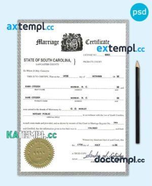 sample USA South Carolina marriage certificate template in PSD format download