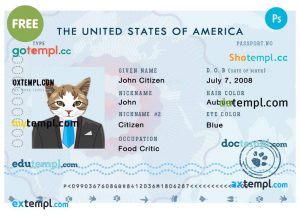 free download USA cat (animal, pet) electronic passport PSD example, fully editable