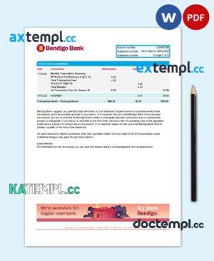 sample Australia Bendigo bank statement Word and PDF template, 2 pages download