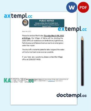 sample Canada British Columbia Hub of the Salmo Kootenays utility shut off notice, Word and PDF template download