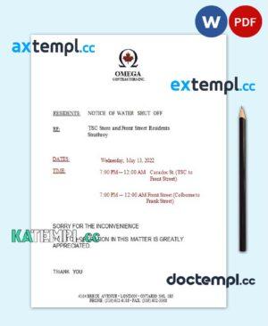 sample Canada Ontario Omega Contractors Inc. water utility bill shutoff notice, Word and PDF template download