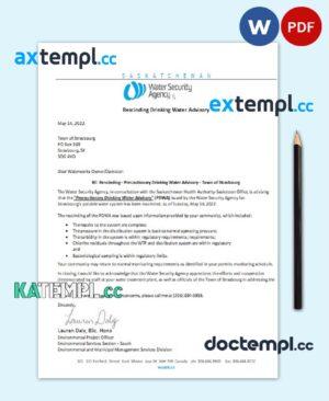 sample Canada Saskatchewan Strasbourg Water Security Agency water utility shut off notice, Word and PDF template download