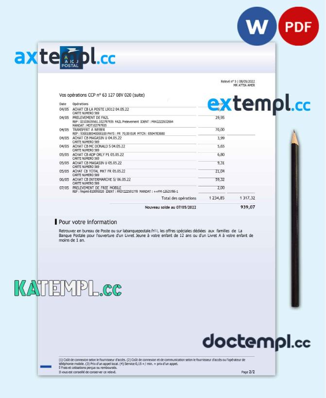 sample France La Banque Postale bank statement Word and PDF template, 3 pages download - Image 2
