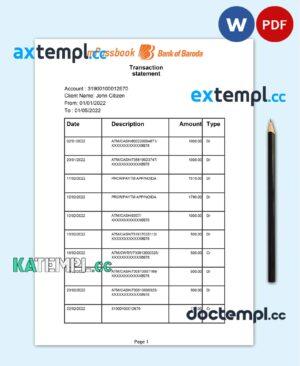 sample India Bank of Baroda mPassbook bank transaction statement, Word and PDF template, 4 pages download