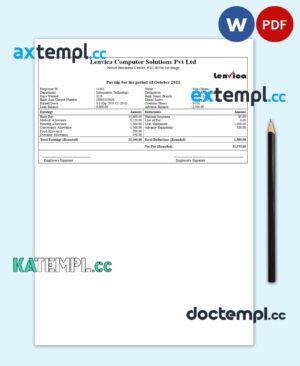 sample India Lenvica computer solutions company pay stub Word and PDF template download