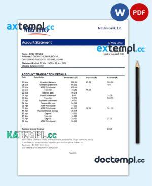 sample Japan Mizuho Bank statement template in Word and PDF format, good for address prove download