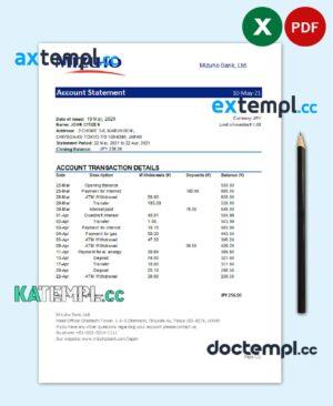 sample Japan Mizuho bank statement template in .xls and .pdf file format download