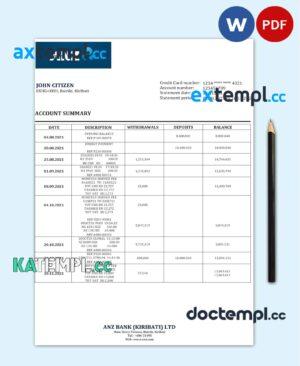 sample Kiribati ANZ bank statement template in Word and PDF format, fully editable download