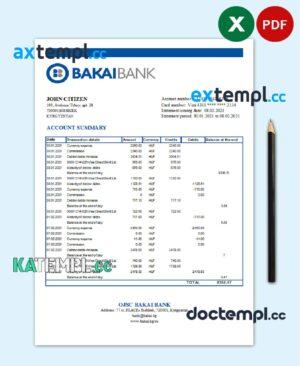 sample Kyrgyzstan OJSC Bakai Bank statement easy to fill template in Excel and PDF format download