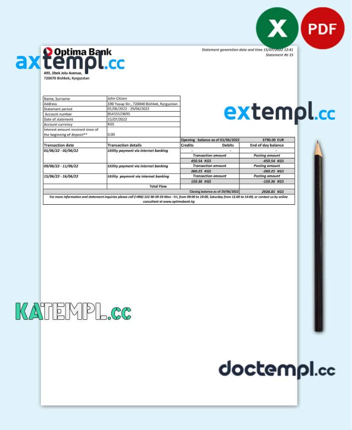 sample Kyrgyzstan Optima bank statement Excel and PDF template download
