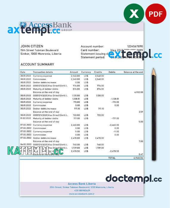 sample Liberia Access Bank statement Excel and PDF template download