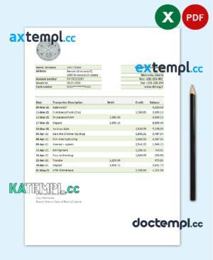 sample Liberia Central Bank of Liberia bank statement easy to fill template in .xls and .pdf file format download