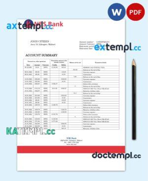 sample Malawi NBS bank statement template in Word and PDF format download