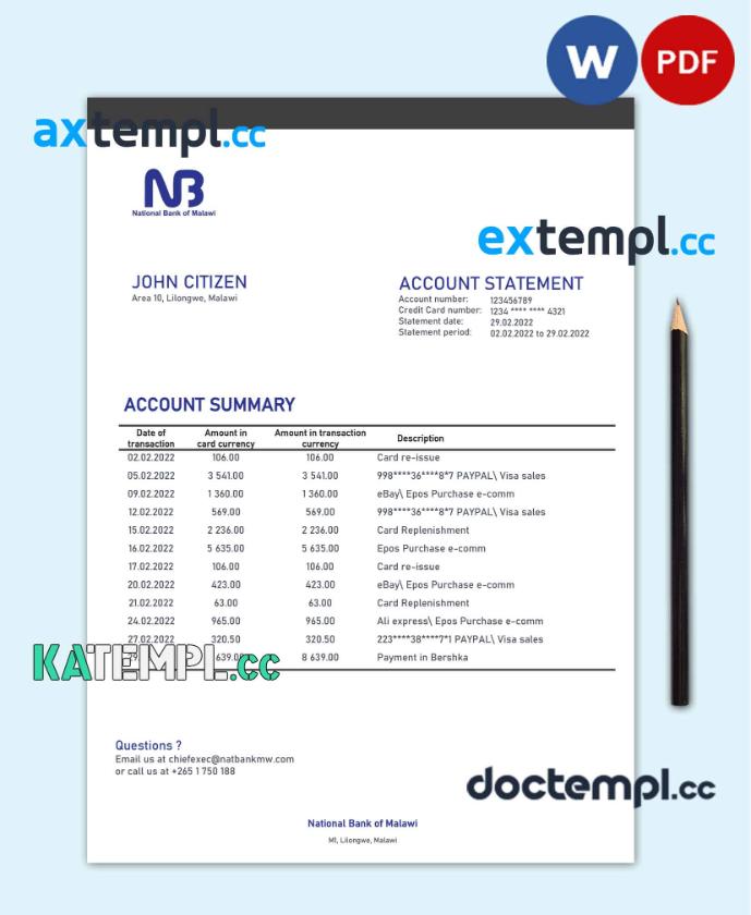 sample Malawi National Bank of Malawi bank statement template in Word and PDF format download
