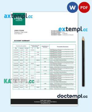 sample Maldives HBL bank statement template in Word and PDF format download