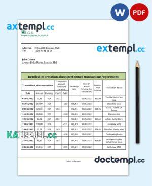 sample Mali Banque Commerciale du Sahel bank statement template in Word and PDF format, .doc and .pdf format download