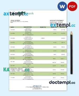 sample Malta APS bank statement template in Word and PDF format download