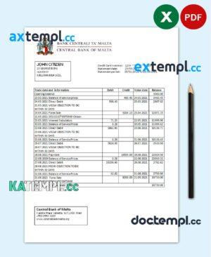 sample Malta Central Bank of Malta bank statement easy to fill template in Excel and PDF format download