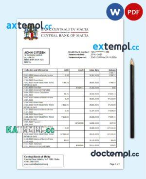 sample Malta Central Bank of Malta bank statement template in Word and PDF format download