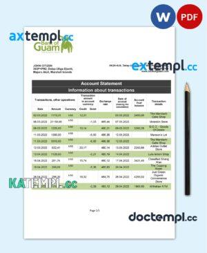 sample Marshall Islands Bank of Guam bank statement template in Word and PDF format download