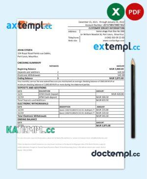 sample Mauritius Bank of Baroda bank statement Excel and PDF template download