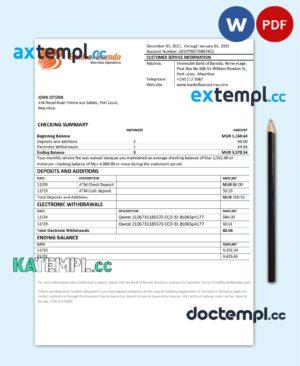 sample Mauritius Bank of Boroda bank statement template in Word and PDF format download