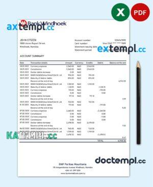 sample Namibia Bank Windhoek bank statement Excel and PDF template download