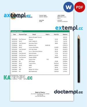 sample Nauru Bank of Nauru bank statement template in Word and PDF format download