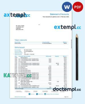 sample New Zealand ANZ bank account statement, Word and PDF template, 2 pages download