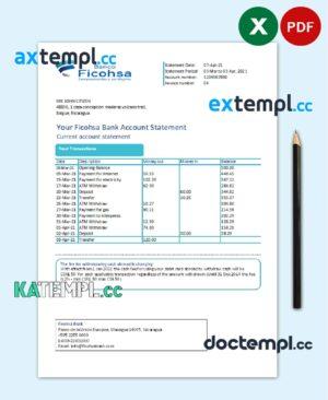 sample Nicaragua Banco Ficohsa bank statement easy to fill template in Excel and PDF format download