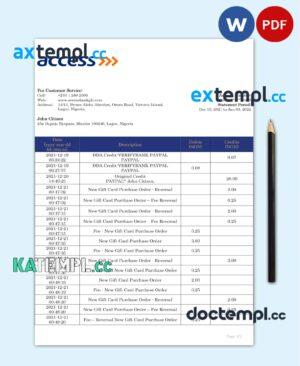 sample Nigeria Access bank statement template in Word and PDF format download