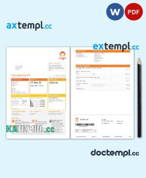 sample Australia Origin utility bill, Word and PDF template, 4 pages download