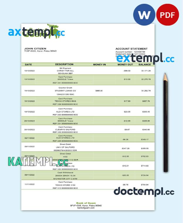 sample Palau Bank of Guam bank statement template in Word and PDF format download