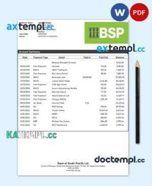 sample Papua New Guinea BSP bank statement template in Word and PDF format download