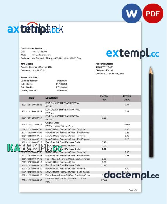 sample Peru Citibank bank statement template in Word and PDF format download