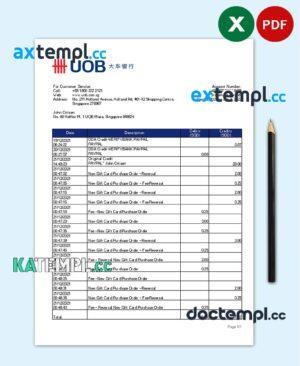 sample Singapore UOB bank statement, Excel and PDF template download